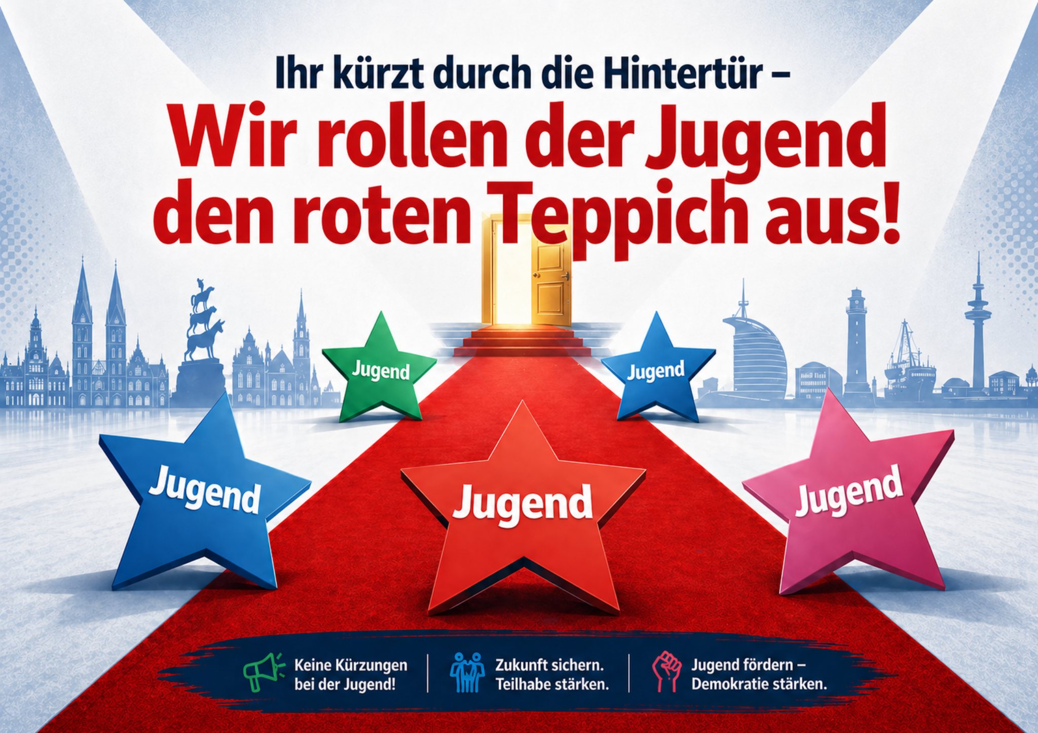 Kampagnenmotiv: Roter Teppich für junge Menschen in Bremen.