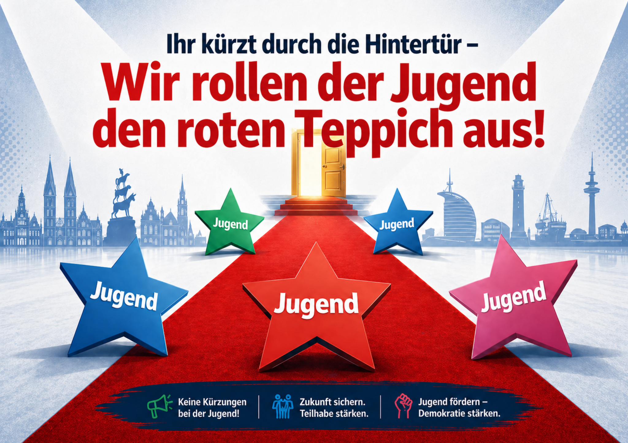 Kampagnenmotiv: Roter Teppich für junge Menschen in Bremen mit Jugend-Sternen und politischer Botschaft.